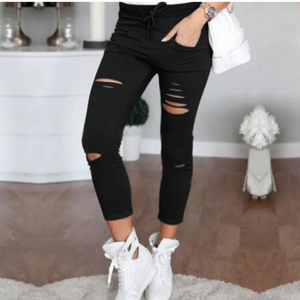 NEW BLACK "DISTRESSED" LEGGINGS WITH TIE WAIST