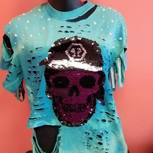 ReMixxxed distressed sequins tshirt