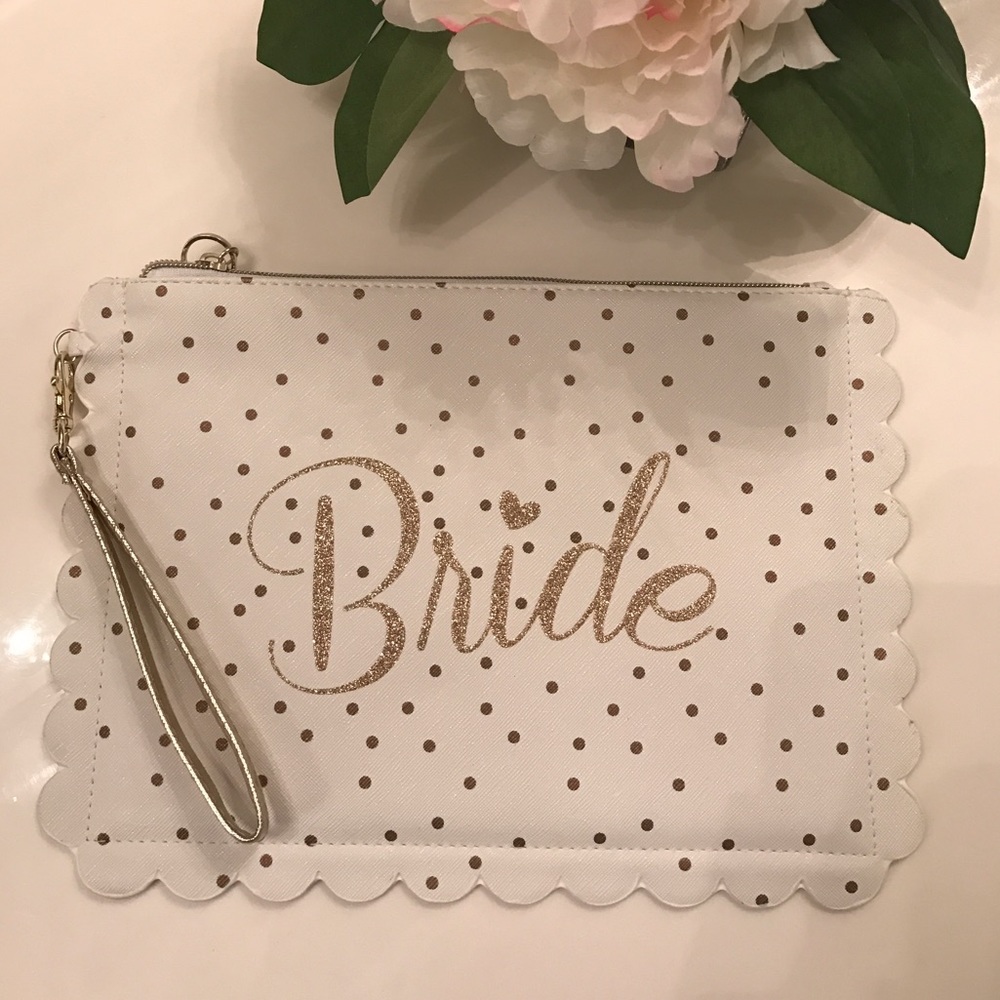 Gold and white "Bride" makeup pouch