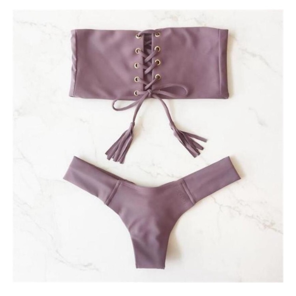 ‘Madelyn’ Purple tie strapless bandeau bikini set
