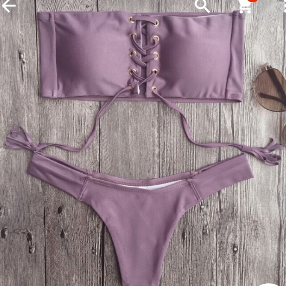 ‘Madelyn’ Purple tie strapless bandeau bikini set - Picture 3 of 6