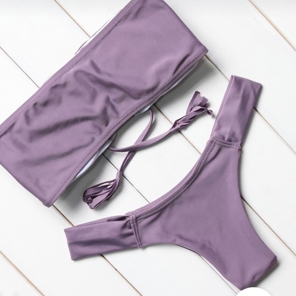 ‘Madelyn’ Purple tie strapless bandeau bikini set - Picture 2 of 6
