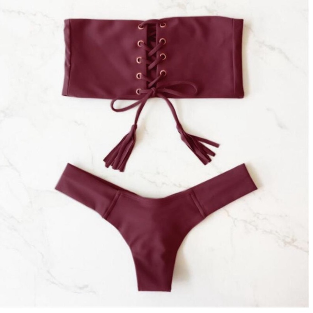 MUST GO ‘Madelyn’ Burgundy strapless bandeau tie up bikini