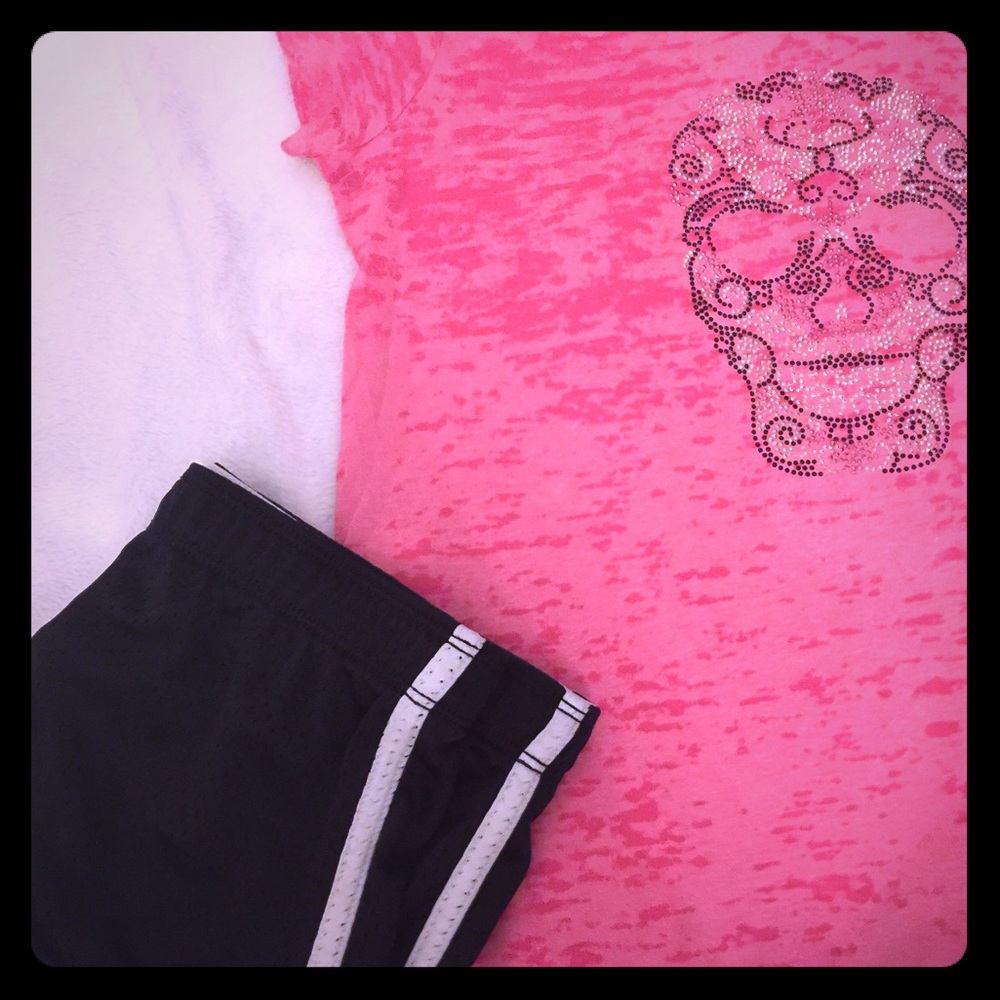 Pink burnout shirt with Swarovski crystal skull.