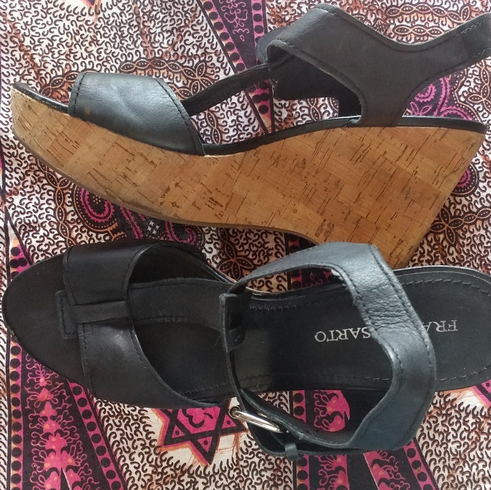 Black T-Strap, buckle up wedge sandals
