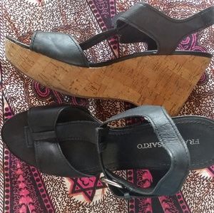 Black T-Strap, buckle up wedge sandals