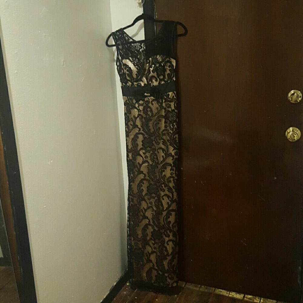 Nude with Black Lace Overlay Gown