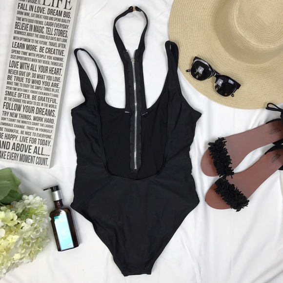 Black one piece swimming suit with zipper details - Picture 2 of 5