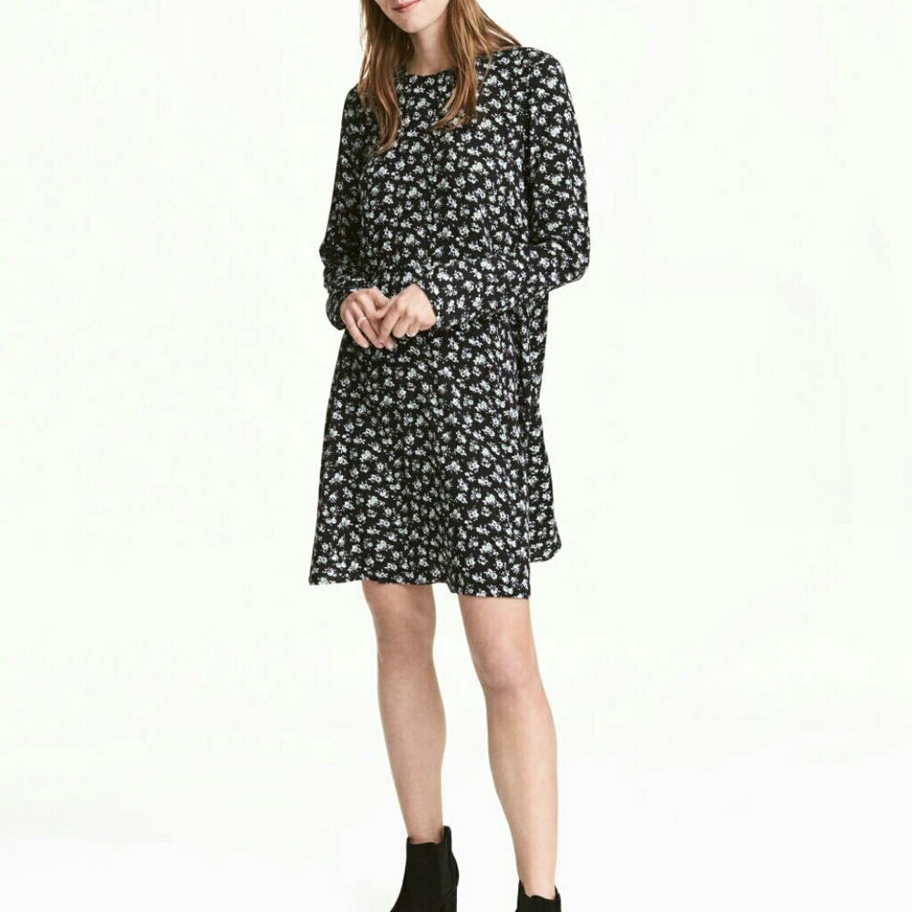 Floral print long sleeves loose fit jersey dress
