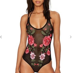 Mesh black & rose 1pc bodysuit embroidered LF