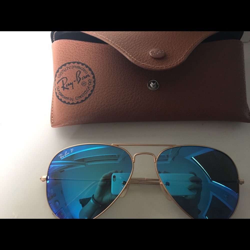 Ray Ban polarized aviators with blue flash/gold