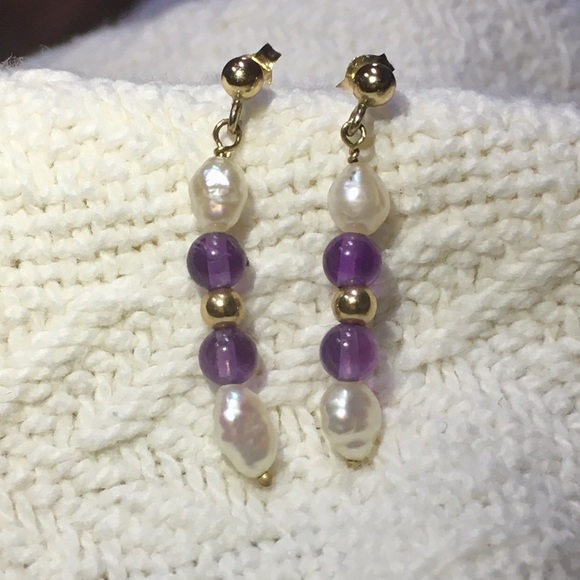 Jewelry - Solid 14k gold pearl & amethyst bead earrings
