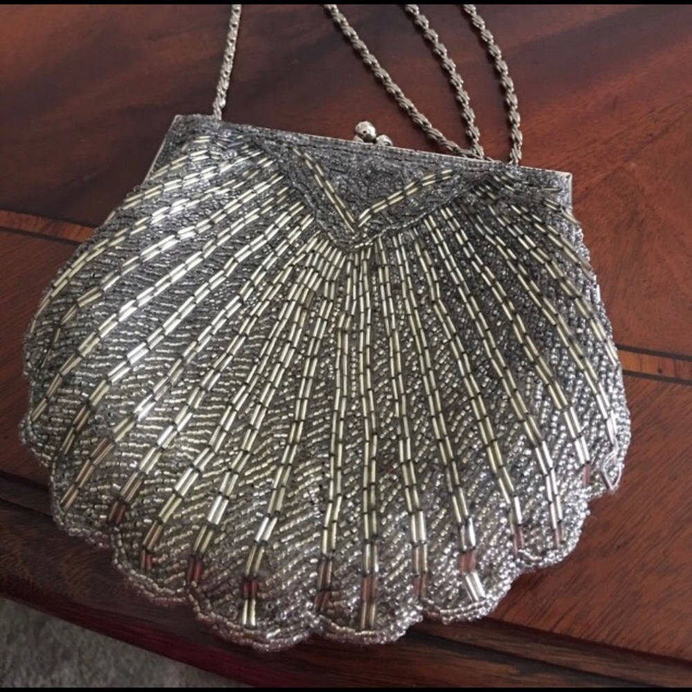 Silver beaded evening purse