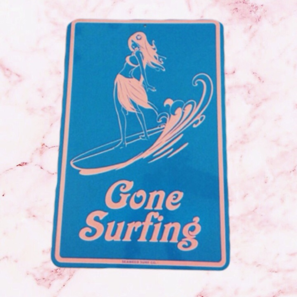 Surfing metal sign 12” x 18” pink blue