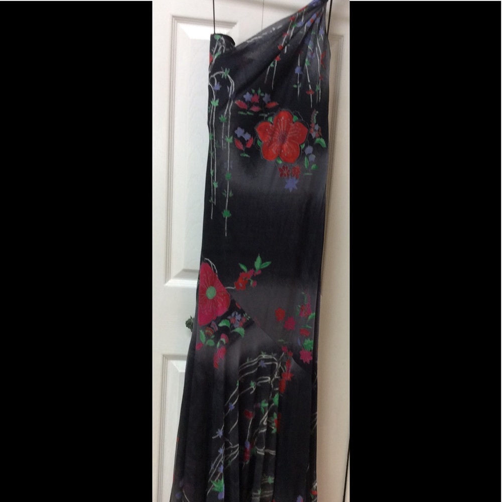 Georgia Armani Long Black Floral Print Silk Gown