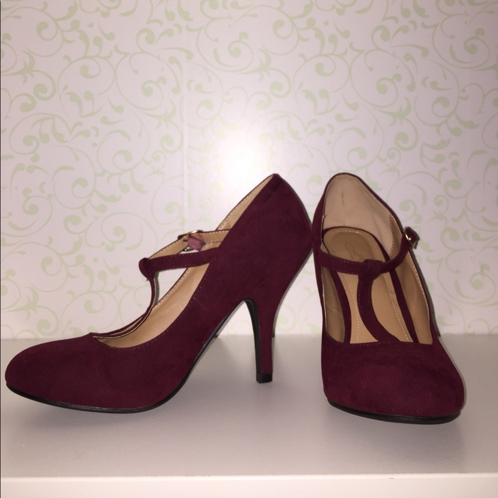 Maroon T-Strap Suede Heels