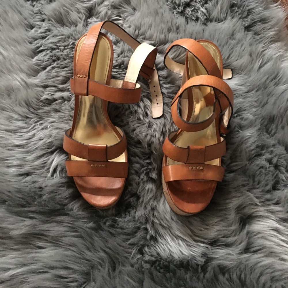 Tan leather Coach ankle strap wedge