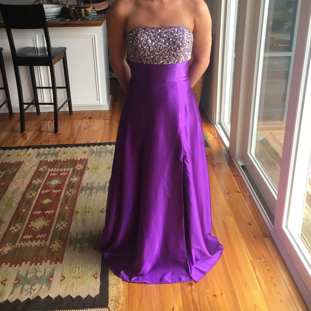 Tiffany purple beaded strapless gown