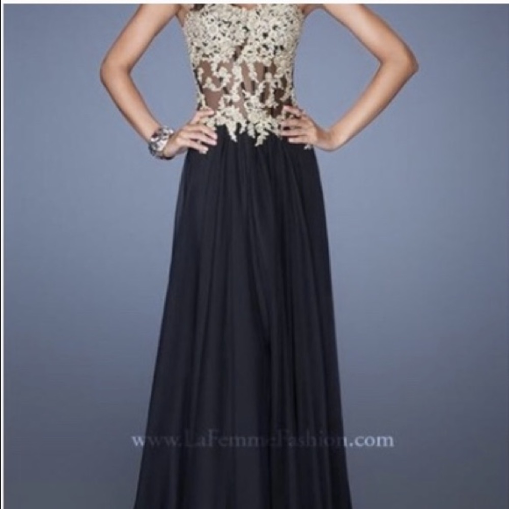 La Femme black and gold gown