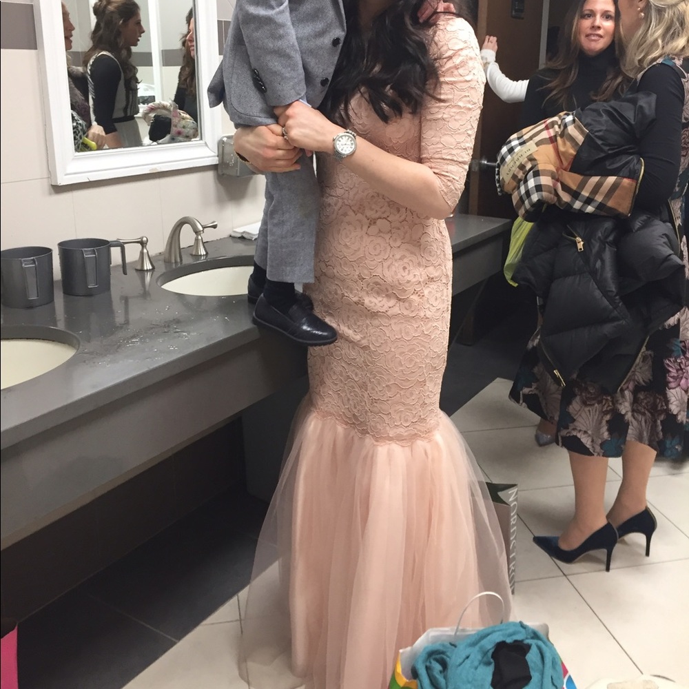Blush pink lace and tool gown
