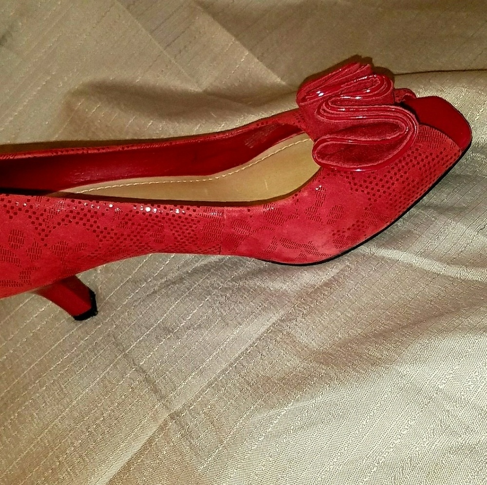 Alex Marie Red Peep Toe Suede Heels