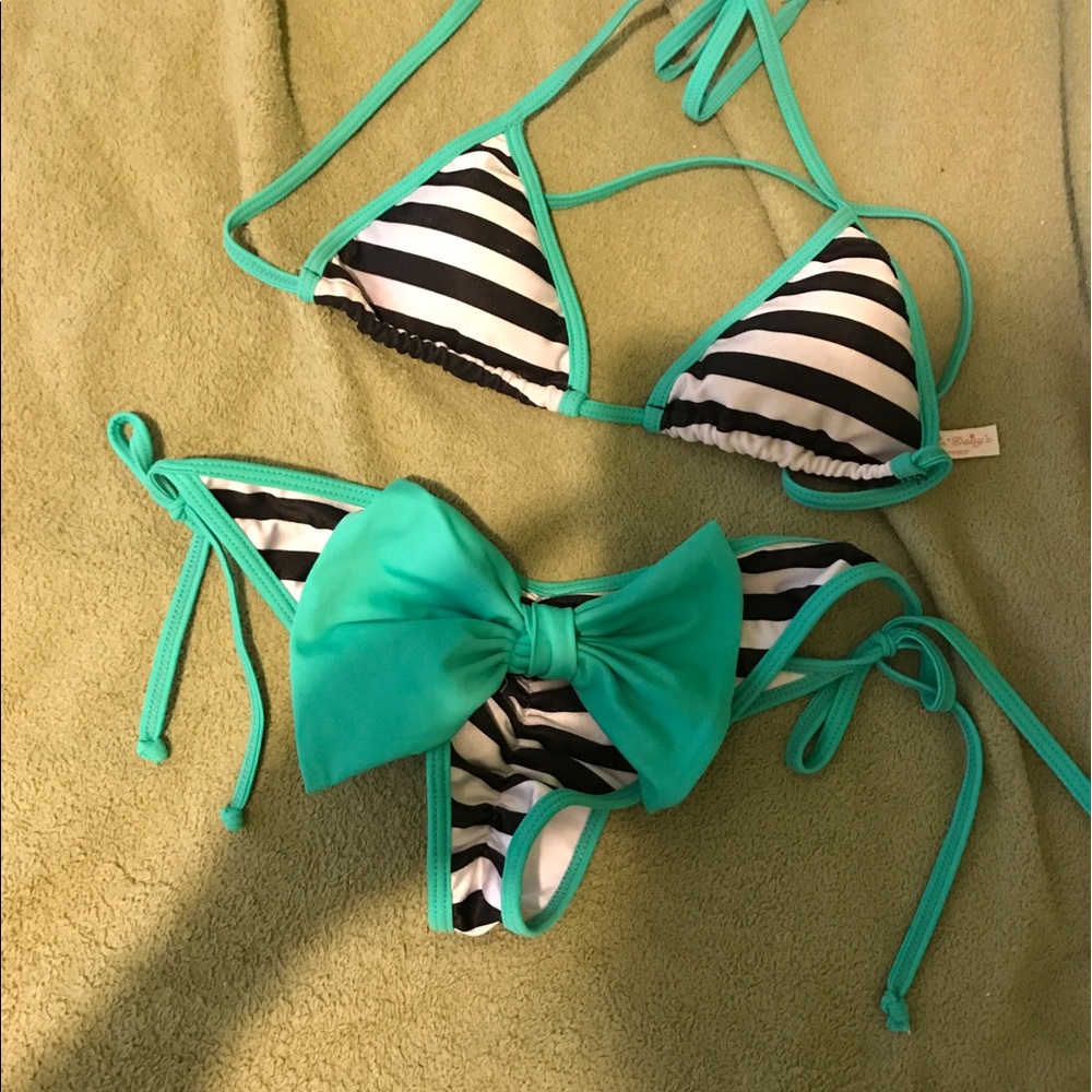 Black & White Striped Bikini with Mint Bow Bottom