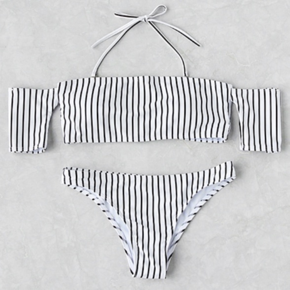 Vertical stripe off the shoulder swimsuit