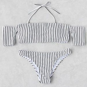 Vertical stripe off the shoulder swimsuit