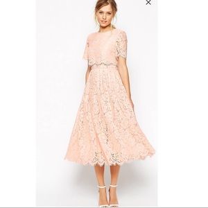 ASOS Pink Lace Crop Top Midi Prom Dress