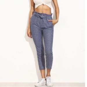 Blue Striped Ruffle Tie Waist Pants