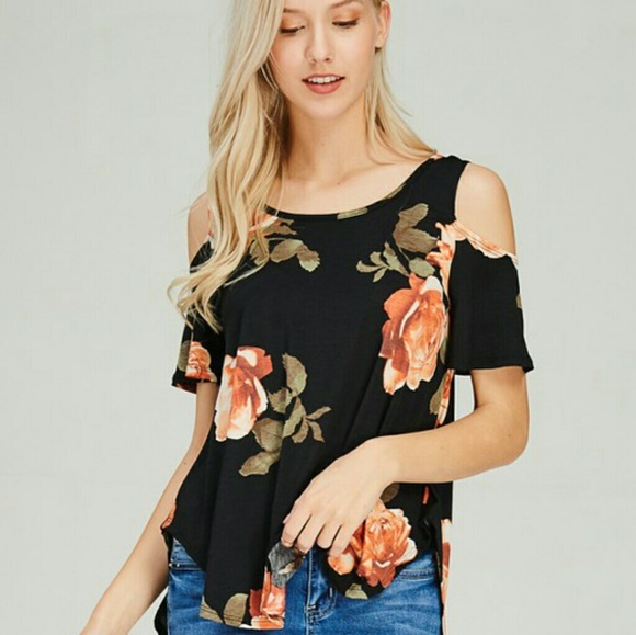 Tops | Black Floral Cold Shoulder Top Last One | Poshmark