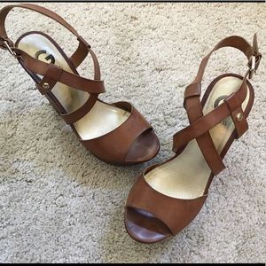 Guess brown leather strappy wedges