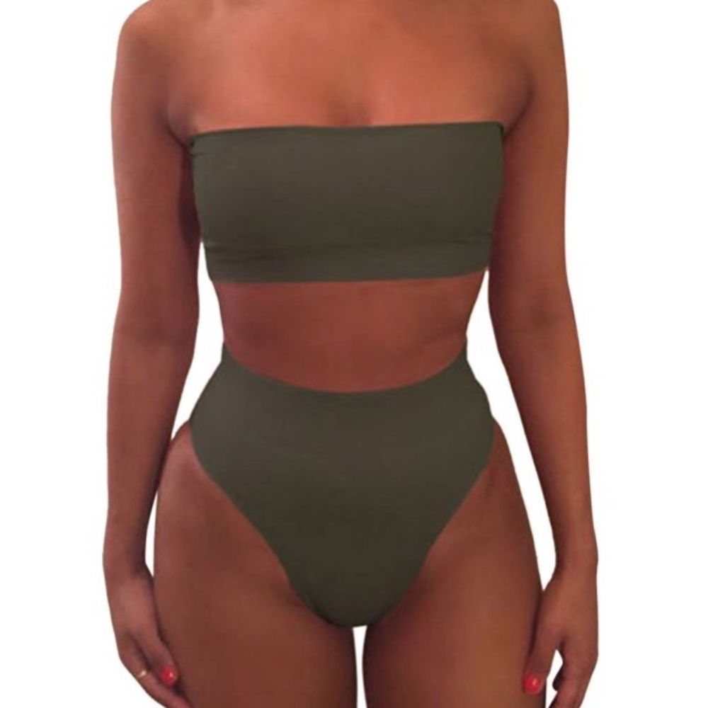 Strapless swim suit top with high waisted bottoms