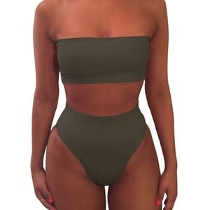 Strapless swim suit top with high waisted bottoms