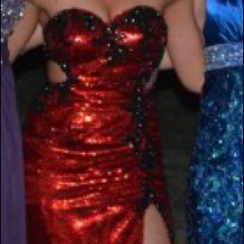Red long strapless sequin dress