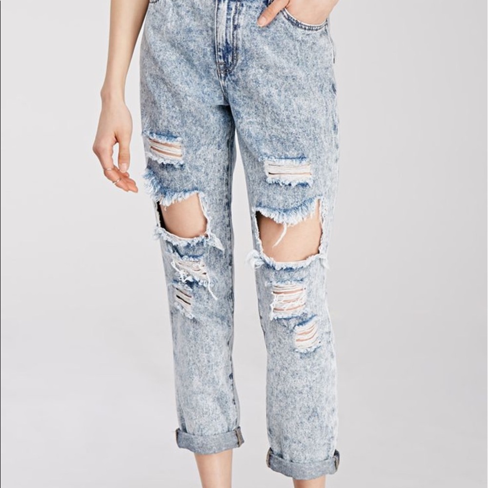 Acid Wash Destroyed Denim Boyfriend Jeans