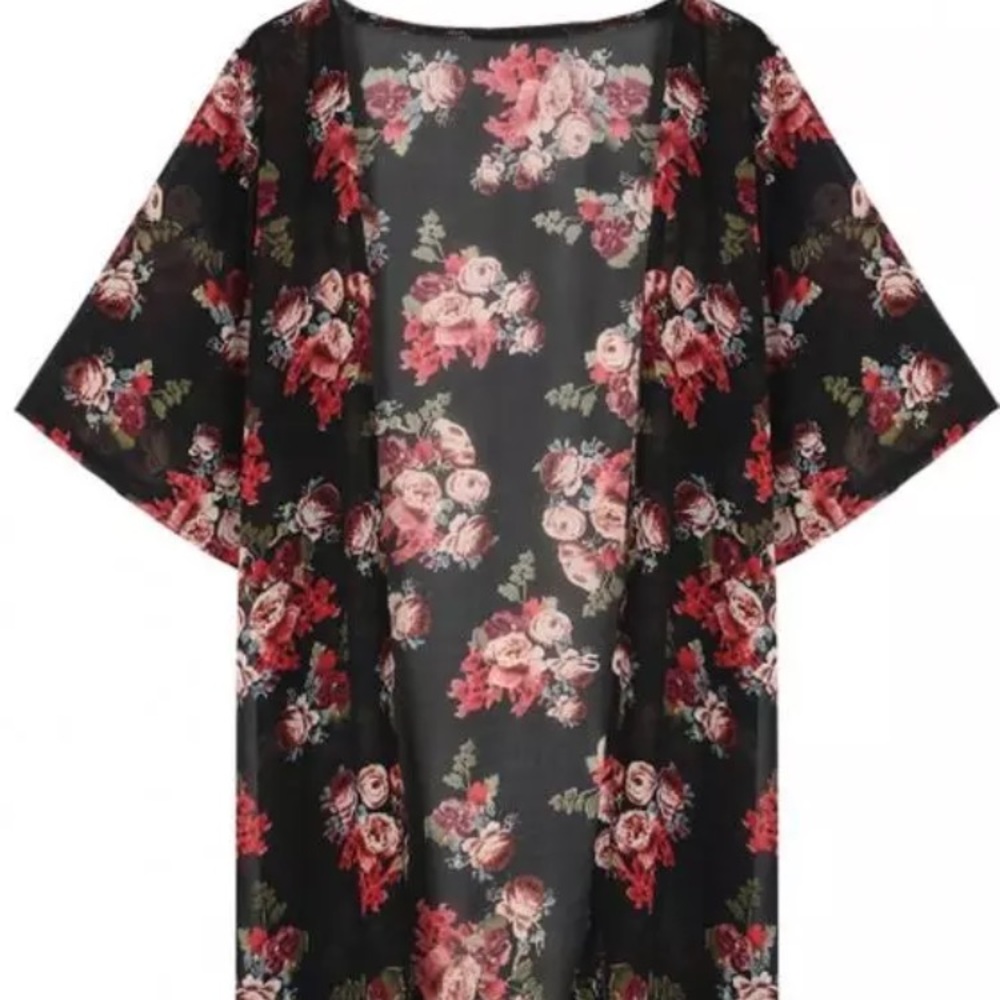Black Sheer Roses Kimono Cardigan - Picture 2 of 3