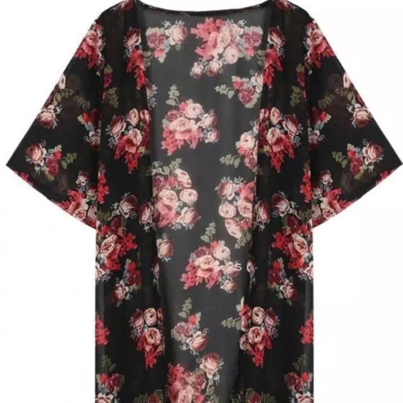 Black Sheer Roses Kimono Cardigan - Picture 2 of 3