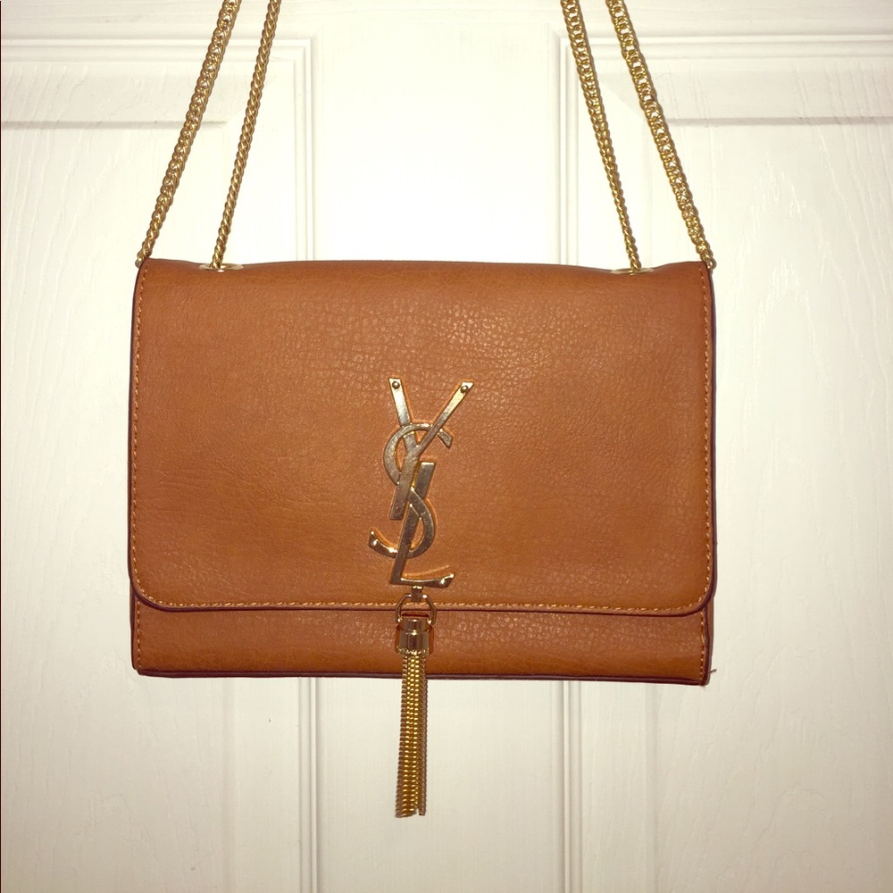 YSL tan cross body bag with gold chain straps