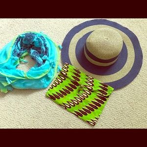 Gently used hat, jewelry bag and scarf
