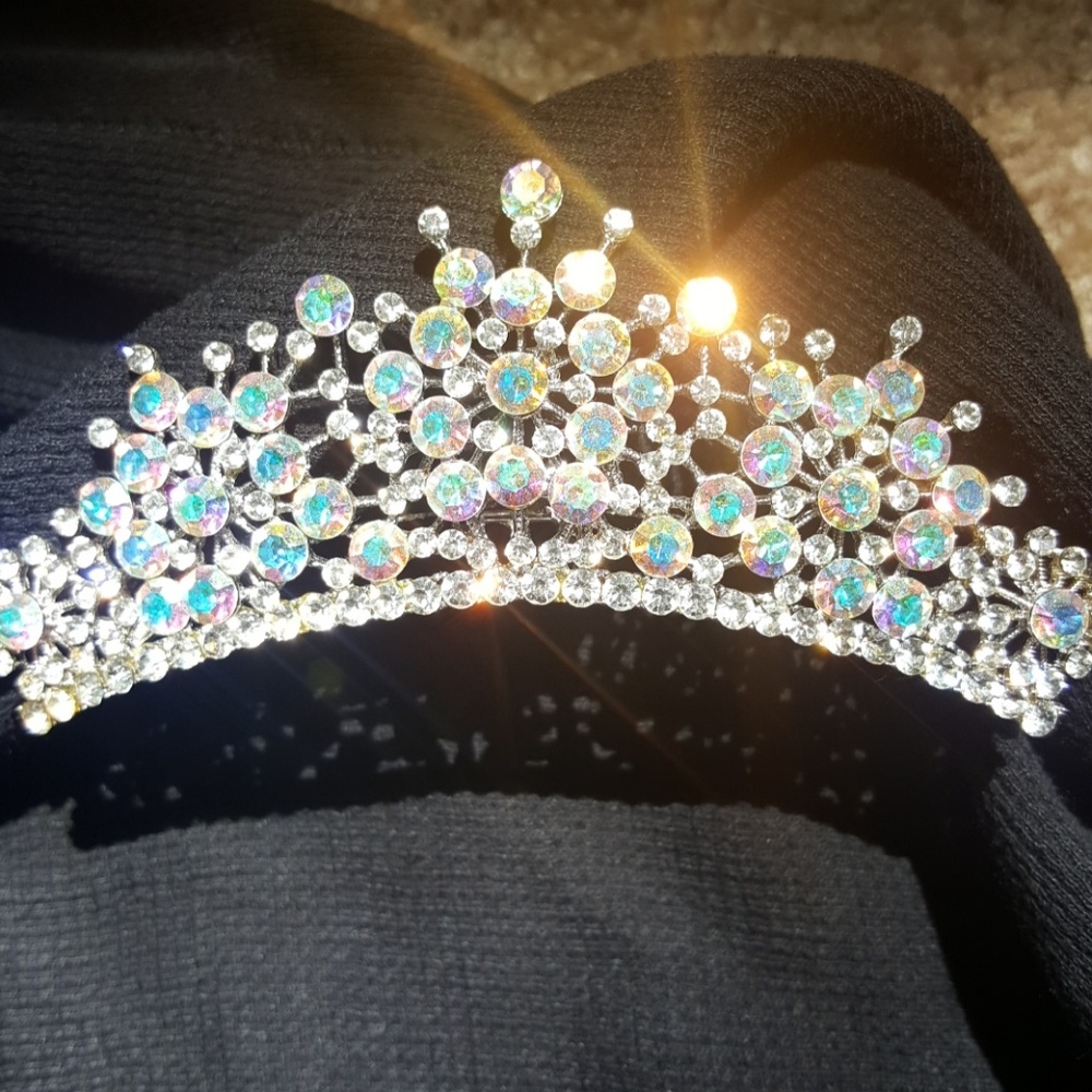 Silver prom tiara with aurora borealis gem stones