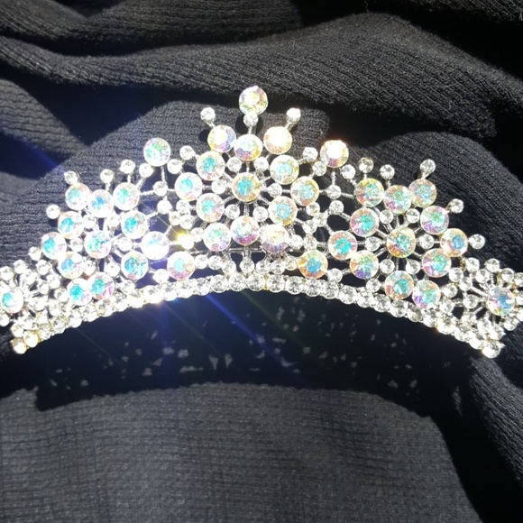 Silver prom tiara with aurora borealis gem stones - Picture 2 of 4