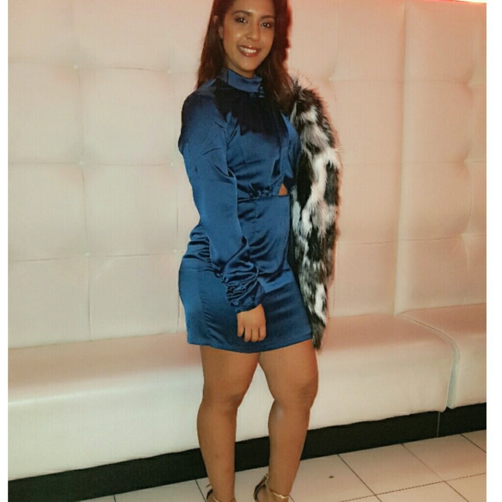 Blue Silky Wrap Ruched Sleeve Bodycon Dress