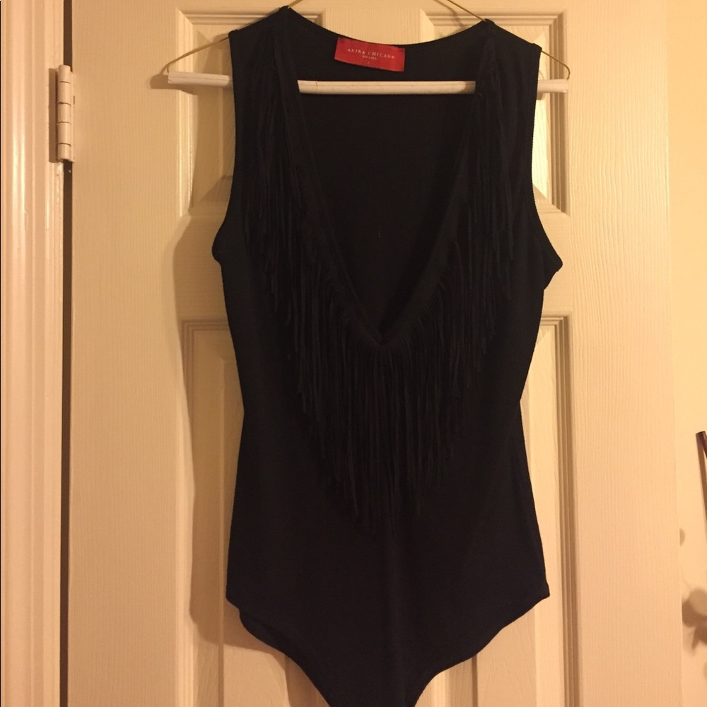 AKIRA black deep-V fringe body suit!