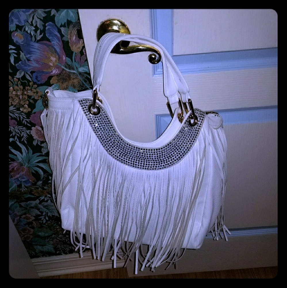 White Leather large fringe purse sequins