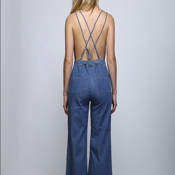 Light denim 70s inspired wide leg  jumpsuit - Picture 2 of 4