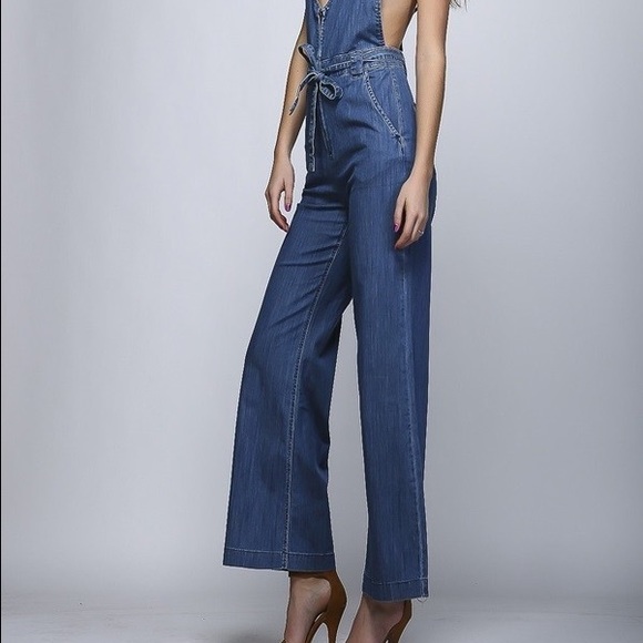 Light denim 70s inspired wide leg  jumpsuit - Picture 3 of 4
