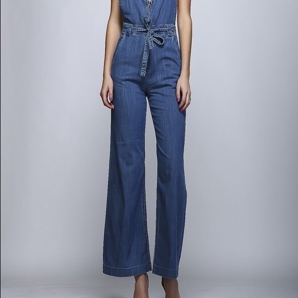 Light denim 70s inspired wide leg  jumpsuit - Picture 4 of 4