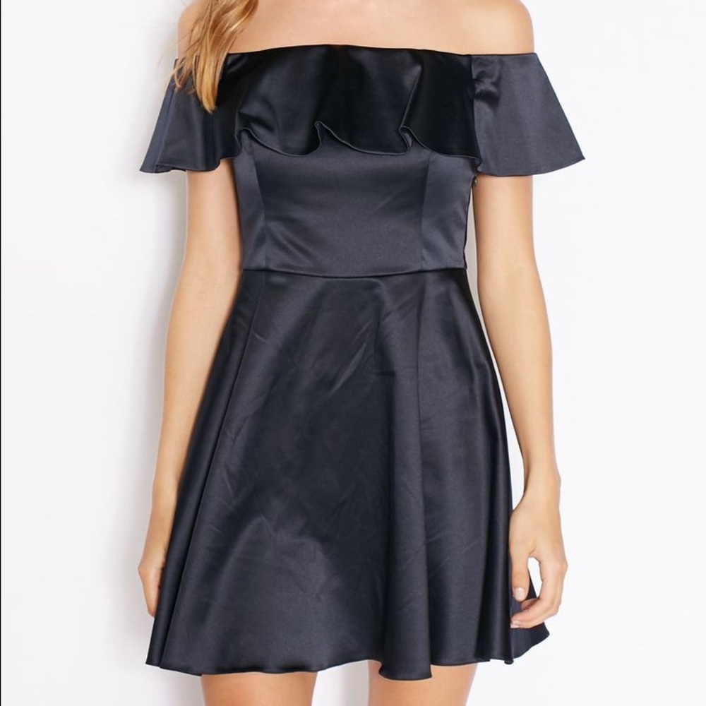 TOPSHOP Satin Frill Bardot Dress - Navy Blue