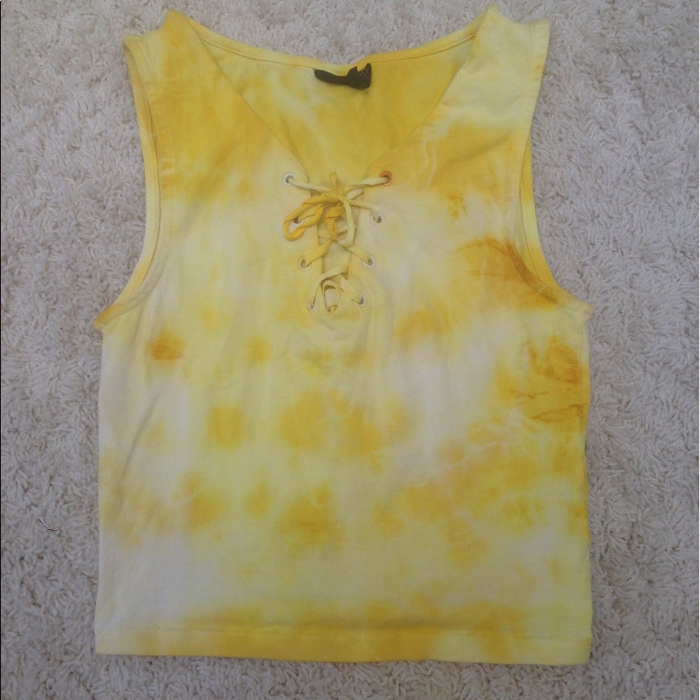 Topshop yellow tie dye crop top lace up